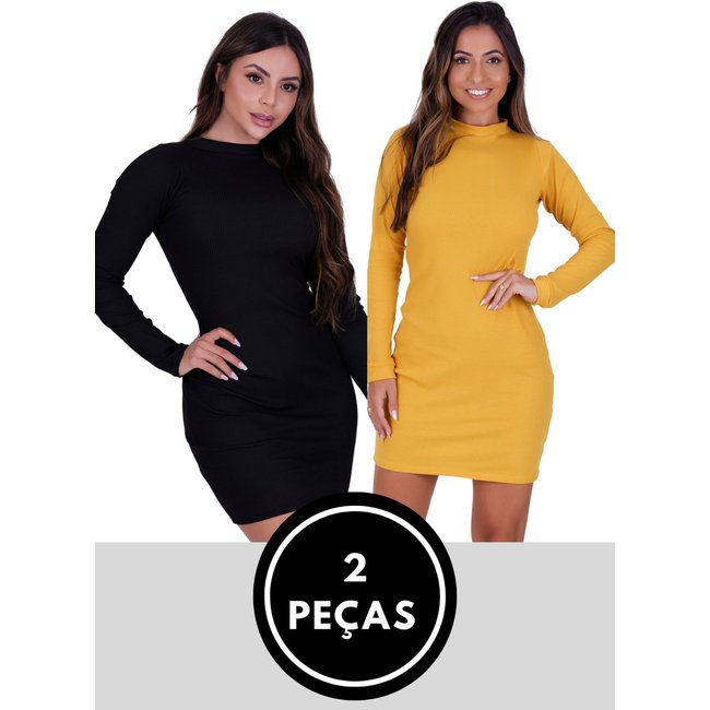Kit 2 Peças Vestido Midi Malha Canelada Amarelo e Preto Manga Longa St Madame