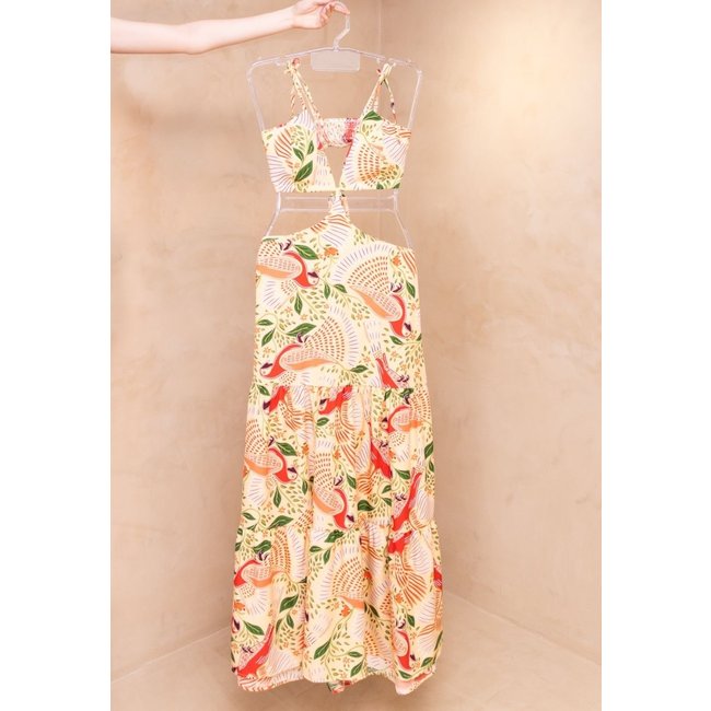 Vestido Longo Abertura Lateral Estampado Alcinha Floral Verão Mariny Laranja