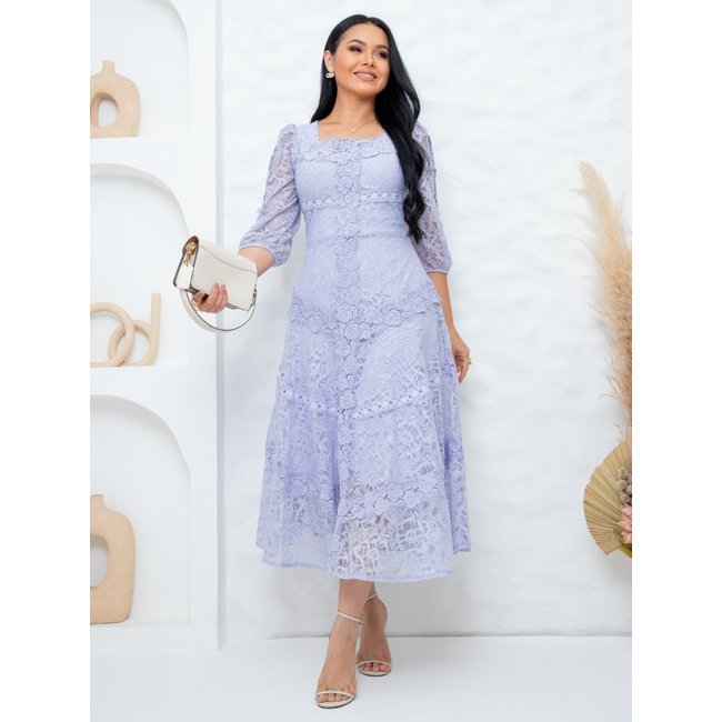 Vestido Midi de Festa Elegante com Manga Decote Quadrado Madrinha Casamento Lilás