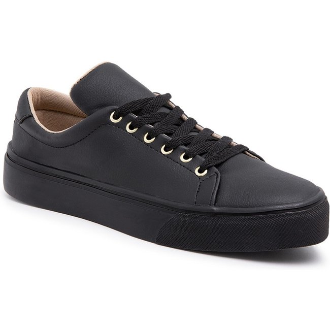 Tênis Casual Feminino Amarração Cano Curto Solado Flat Emborrachado Básico Confortável Preto