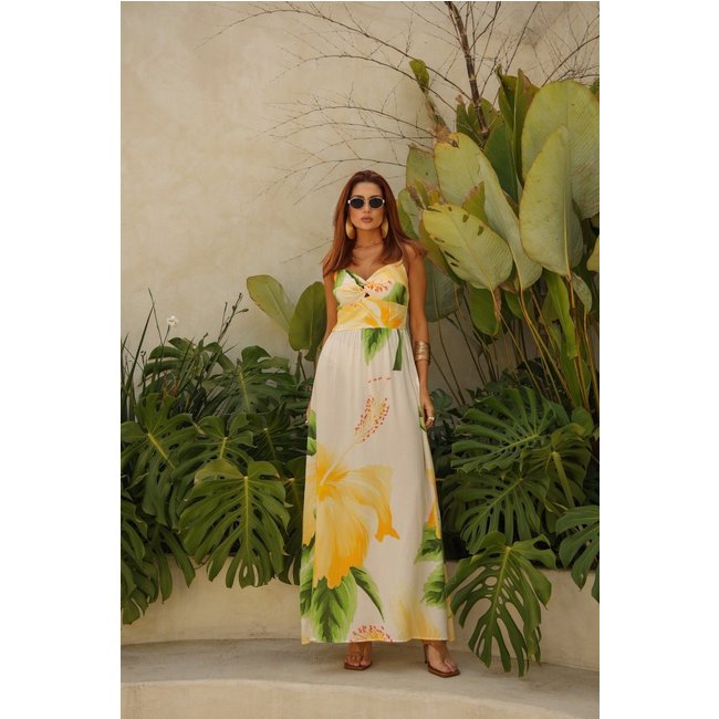 Vestido Longo Floral Feminino com Alças na cor Amarelo Lemier Collection