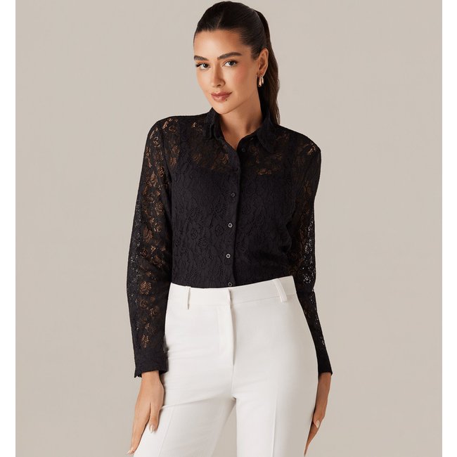 Camisa Manga Longa Renda Feminina Preta