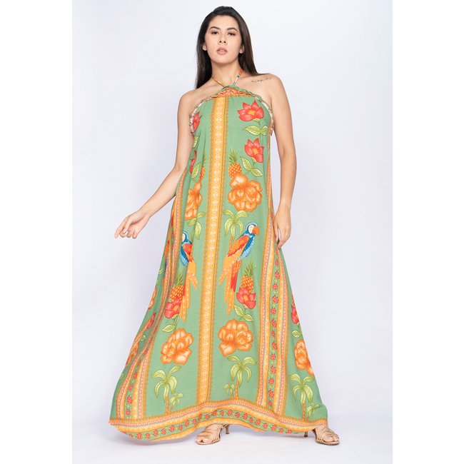 Vestido Amazônia Vital Trapézio Longo Estampa Ararê Verde