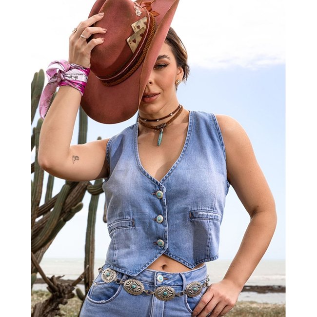 Colete Jeans Feminino com Bolso Embutido Ana Castela 24347 Clara Consciência