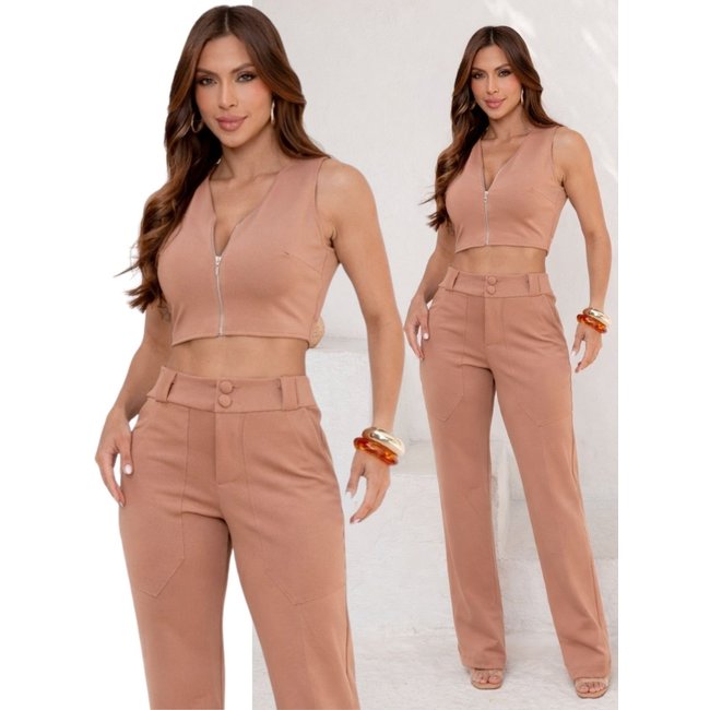 Conjunto Feminino Divina Gata Cropped Calça Marrom Claro