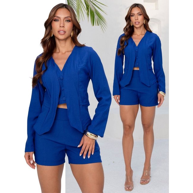 Conjunto Feminino Tropical Fashion Colete Cropped Duplo Shorts Alfaiataria - Azul