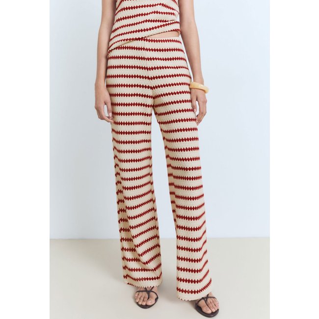 Calça Feminina Mango Reta Tricô Listrada Bege e Vermelho