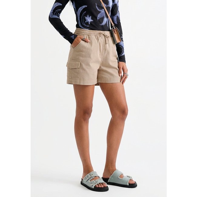 Shorts Cargo Feminino de Algodão Conforto e Estilo Casual Cintura Elástica Bolsos Laterais Bege