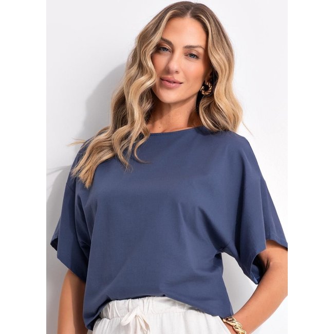 Blusa Em Malha De Algodão Penteado Azul Quintess