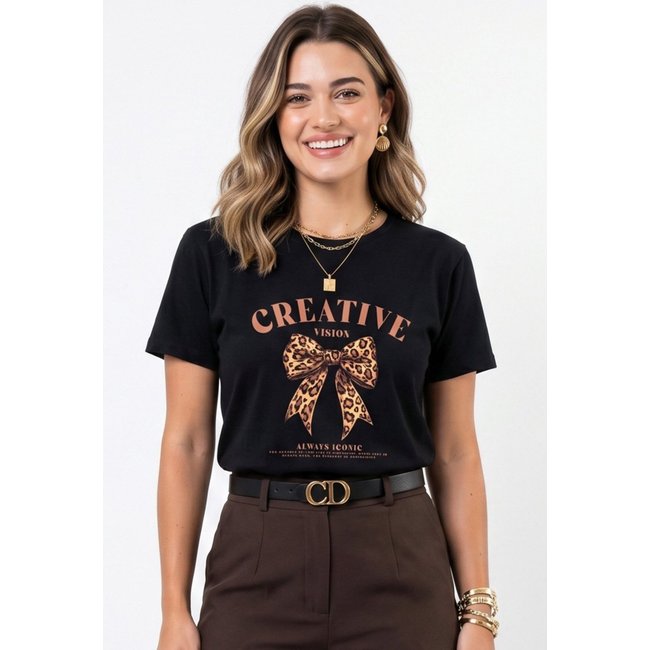 Camiseta Cianitas Preta Estampa Laço Animal Print