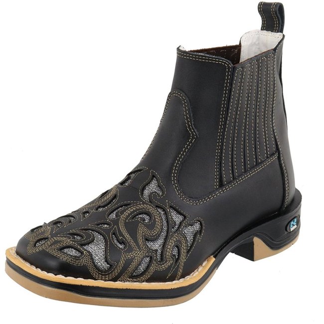Bota Botina Feminina RR Botas Rodeio Country Couro Detalhe Laser Bico Quadrado Confortável Preta