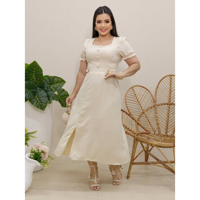 Vestido Elegante Moda Evangélica de Linho Decote Quadrado com Botões Elástico Social Bege