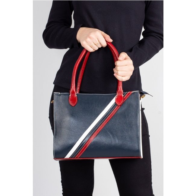 Bolsa de ombro em couro estruturada Raquel - Azul/Vermelho