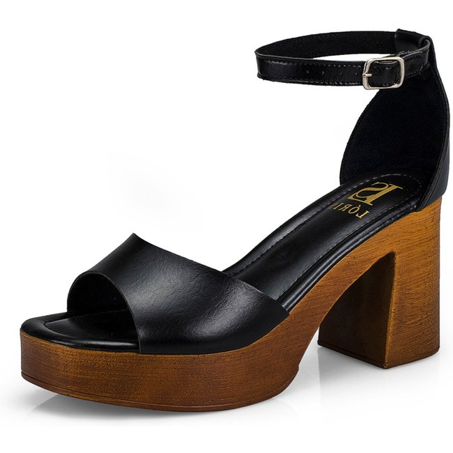 Tamanco Feminino Sandália Fivela Salto Alto Grosso Bloco Madeira 7012 Preto