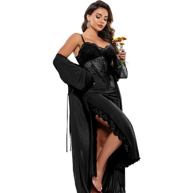 Robe Tetê Variedades Longo Microfibra Rendado Moda Feminina Preto
