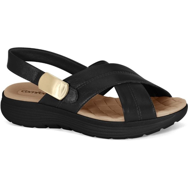 Sandália Feminina Couro Preta Sola EVA Comfortflex 2543405-2