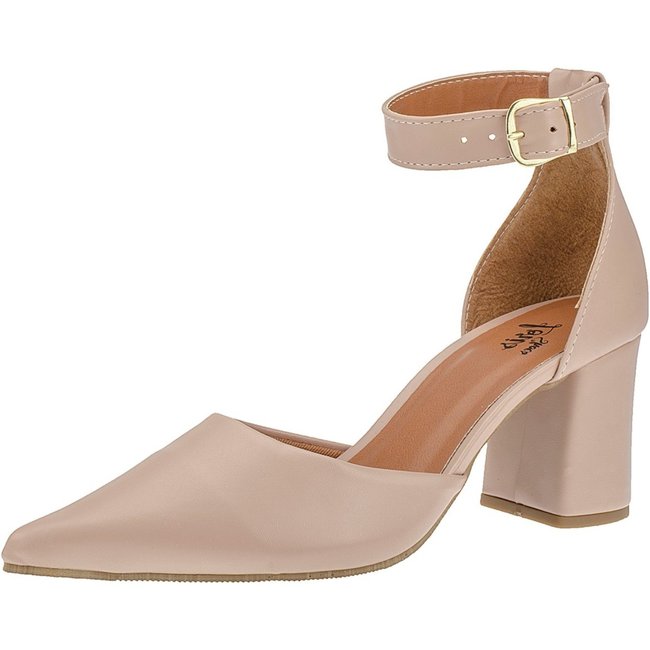 Sandália Scarpin Fivela Lóris Shoes Bico Fino Salto Alto Grosso 3078 Nude
