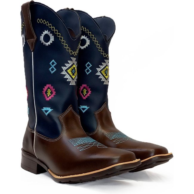 Bota Country Feminina em Couro Café Cano Longo Azul Bordado Tribal Kapell