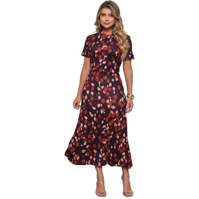 Conjunto Dellamarca Saia e Blusa Estampada Vinho