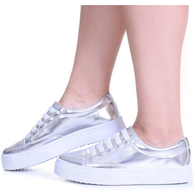 Tênis Feminino Casual Flatform Metalizado Prateado