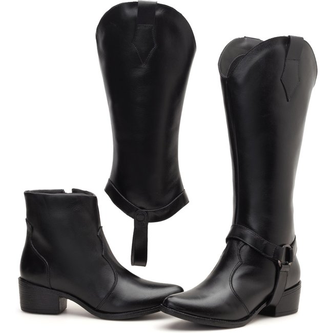 Bota Feminina Couro Macio Cano Longo e Curto Casual 2 em 1 Preta