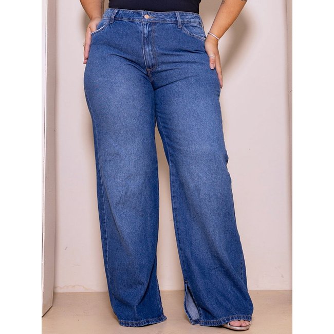 Calça Jeans Plus Size Wide Leg Cintura Alta Azul