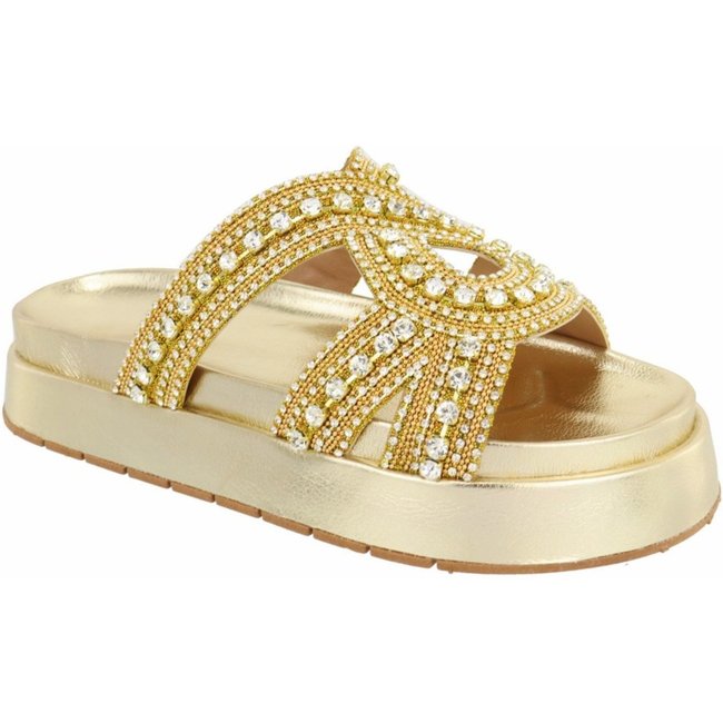Sandalia Flatform Ratseira Strass Pedraria Brilho Sola Alta Lançamento Ouro Light