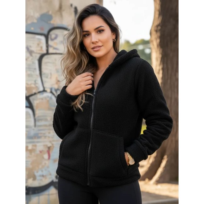 Casaco Feminino de Frio Peluciado com Bolsos Preto