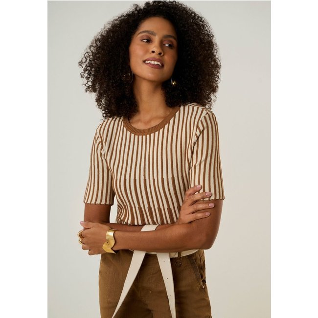 Blusa Maria Valentina Ajustada Decote Careca Manga Curta Padrão Marrom