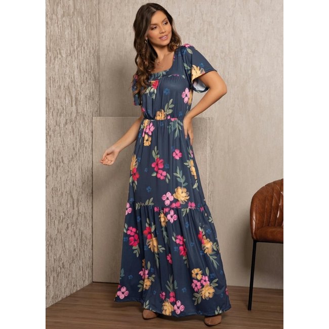 Vestido Franzidos Floral Azul Quintess