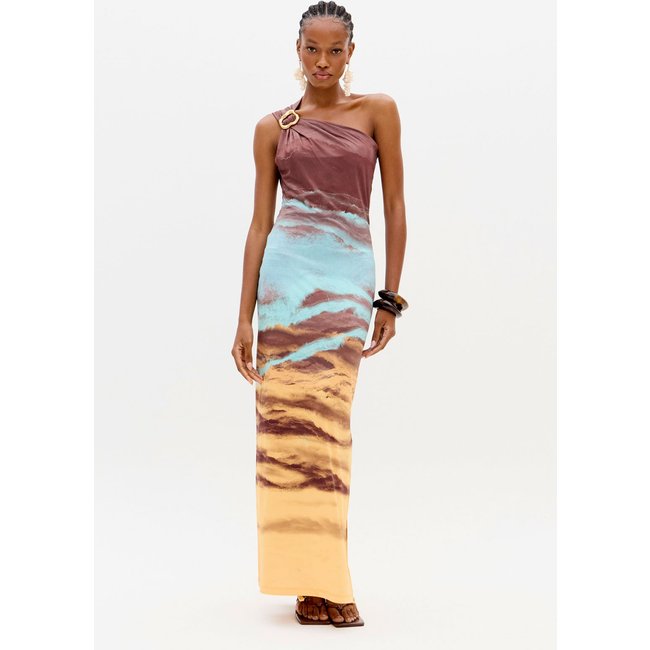 Vestido Feminino Lança Perfume Ombro Único Estampado Longo Marrom