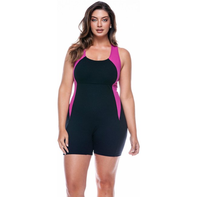 Macaquinho Plus Size Para Hidroginástica, Preto e Pitaia - Preto e Pitaia
