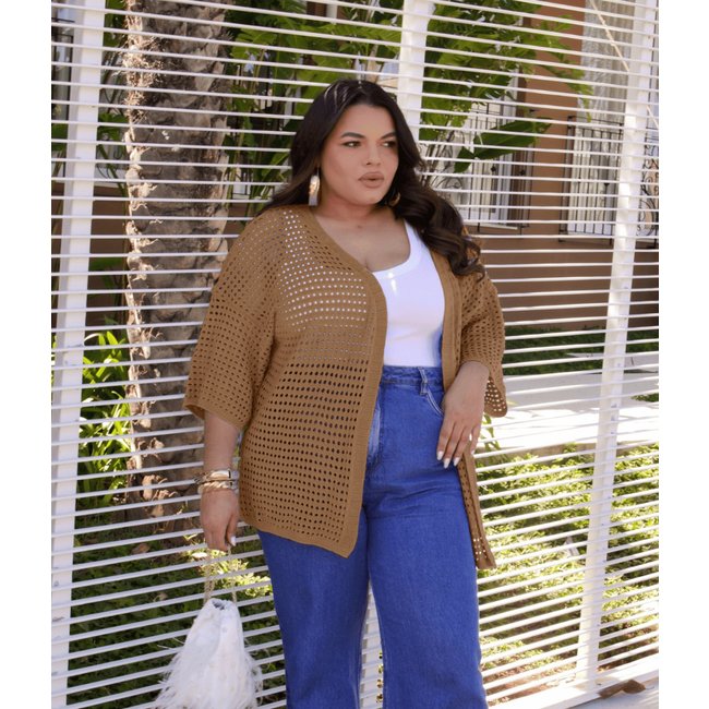 Casaco Cherry Line Kimono Vazado Plus Size Aberto Leve Manga Três Quartos Verão Tricot Bege