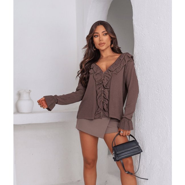 Blusa Casaco Cherry Line Tricô Botão Aberto Manga Longa Babado Marrom