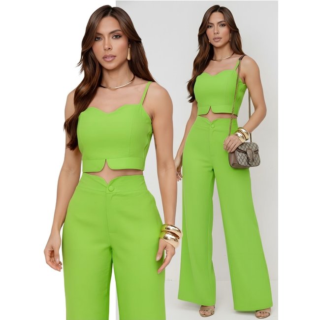 Conjunto Feminino Alfaiataria Divina Gata Cropped e Calça Pantalona - Verde Vita