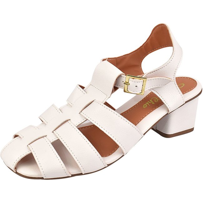 Sandália Salto Grosso Rosa Chic Calçados Feminino Salto Baixo Bloco Bonnie Fisherman Bico Quadrado Branco