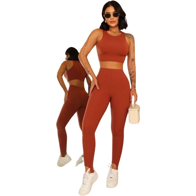 Conjunto Top Cropped e Calça Pezinho Canelado Weroty Marrom