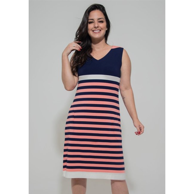 Vestido Pau a Pique Listrado Azul Marinho e Rosa ROSA - XL Pau a Pique