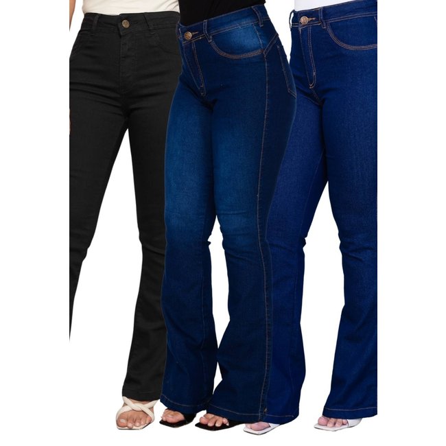 KIT 3 Calça Flare Feminina Mys Jeans Cintura Alta Azul Preto e Azul Manchado