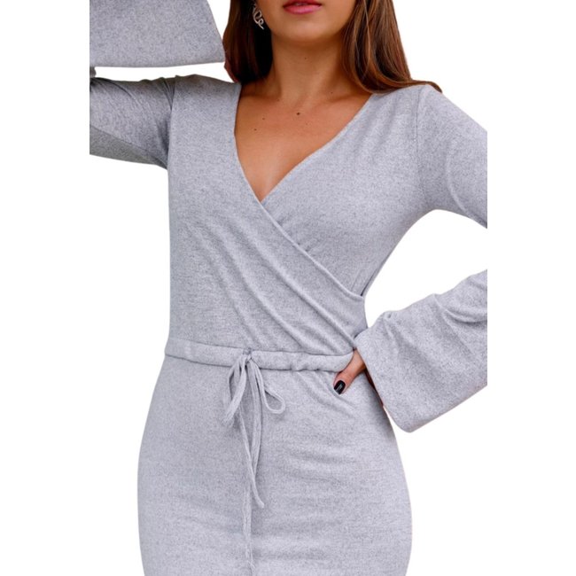 Vestido de Inverno Comfy Lãzinha Transpasse Manga Longa Flare Mescla cinza