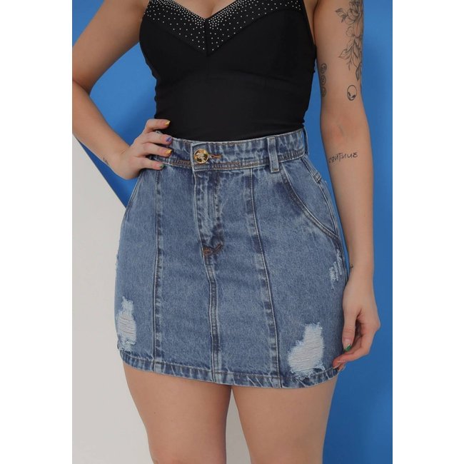Saia Jeans Cintura Alta Marmorizada Devore Tendência Fashion Blogueira Verão