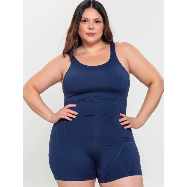 Maiô Shortinho Plus Size Orla da Praia Macaquinho para Natação Hidroginástica Azul Marinho