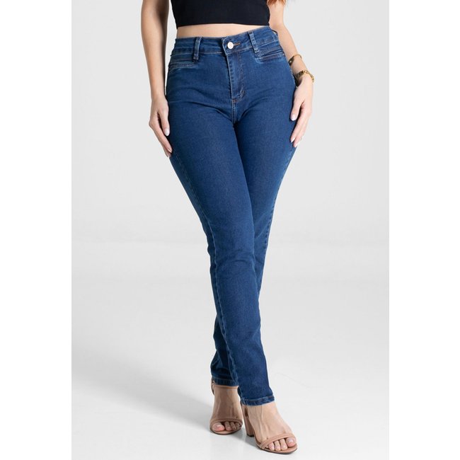 Calça Jeans Feminina Sawary Skinny Cintura Alta Azul Escuro
