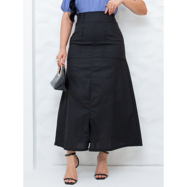 Saia Midi Social de Linho Básica Lisa com Bolso Fenda Elegante Soltinha Preto