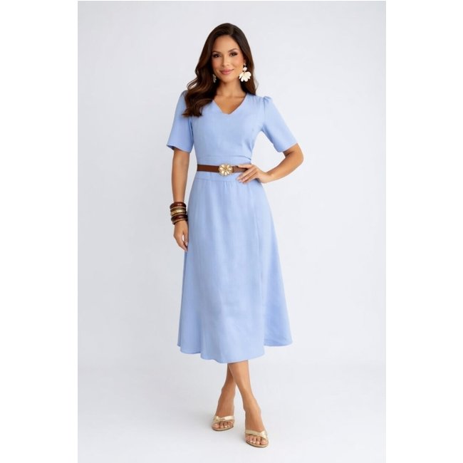 Vestido Midi D Bell Outlet Fashion Gola V com Cinto Azul