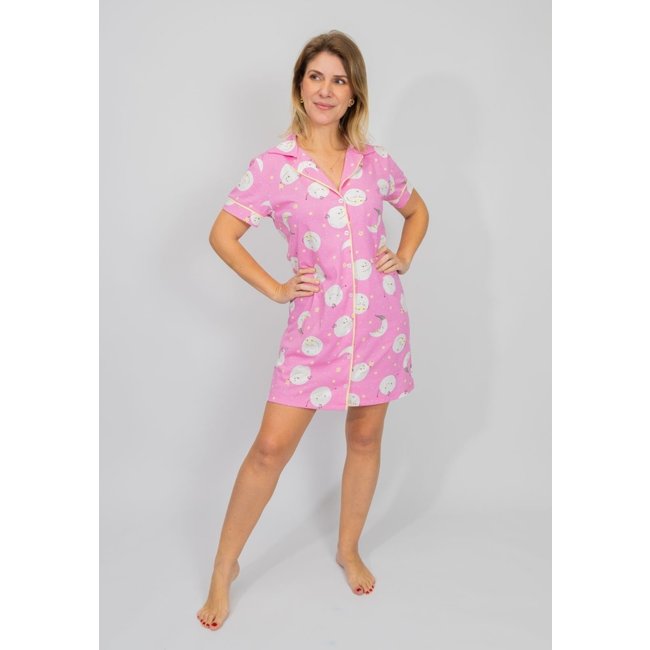 Camisola Algodão Feminina Americana Manga Curta Frente com Filete Lua Rosa