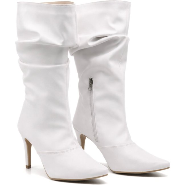 Bota Feminina Cano Slouchy Alto Enrugado Salto Fino Sete Sales 1714 Branco