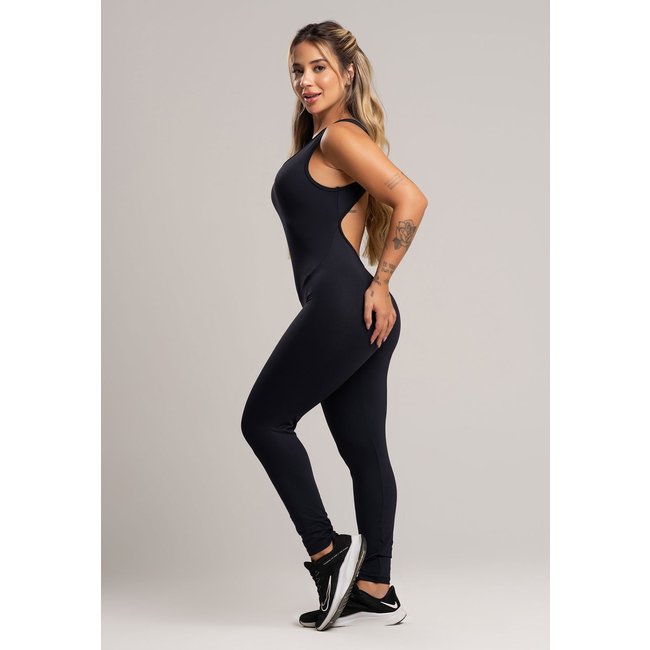 Macacão Costas Abertas MVB Modas Feminino Suplex Academia Fitness Poliamida Preto