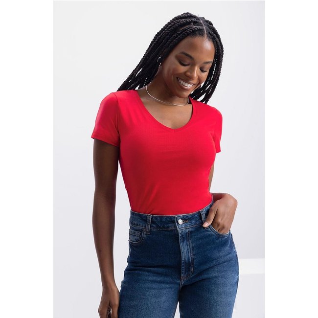 Blusa gola V feminina em malha Essendi Vermelho