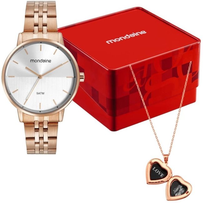 Kit Relógio Feminino Mondaine Aço Analogico com Colar Mondaine